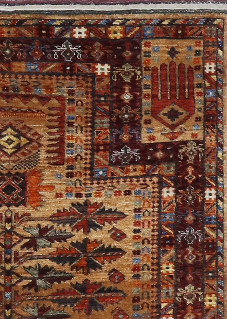 Patterned rug with intricate designs in various colors