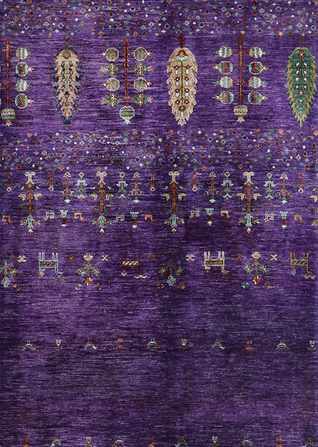 Decorative rug with intricate patterns on a purple background