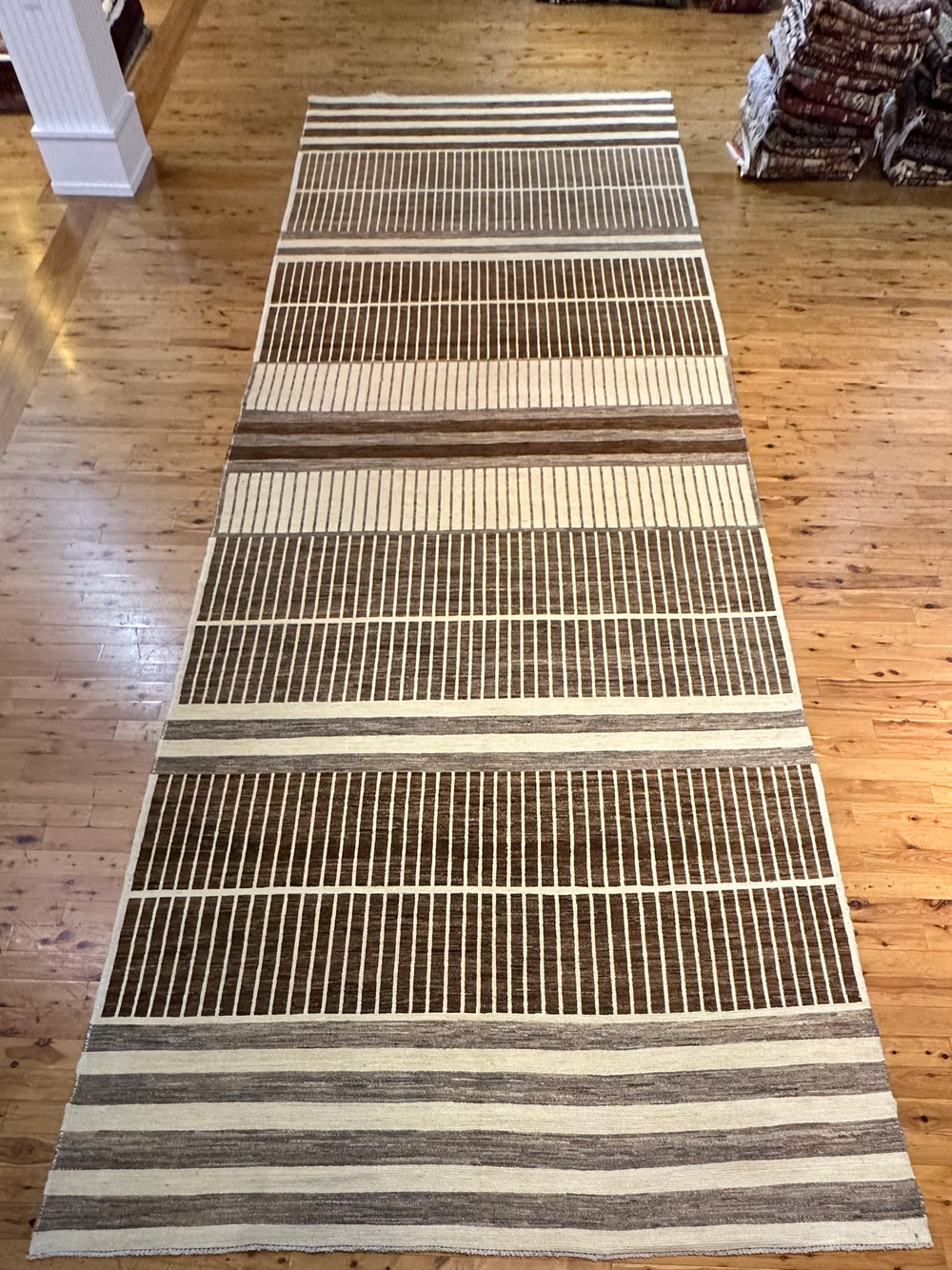 Hand-Knotted Wool Rug 8x22 in Brown and Ivory – Full View