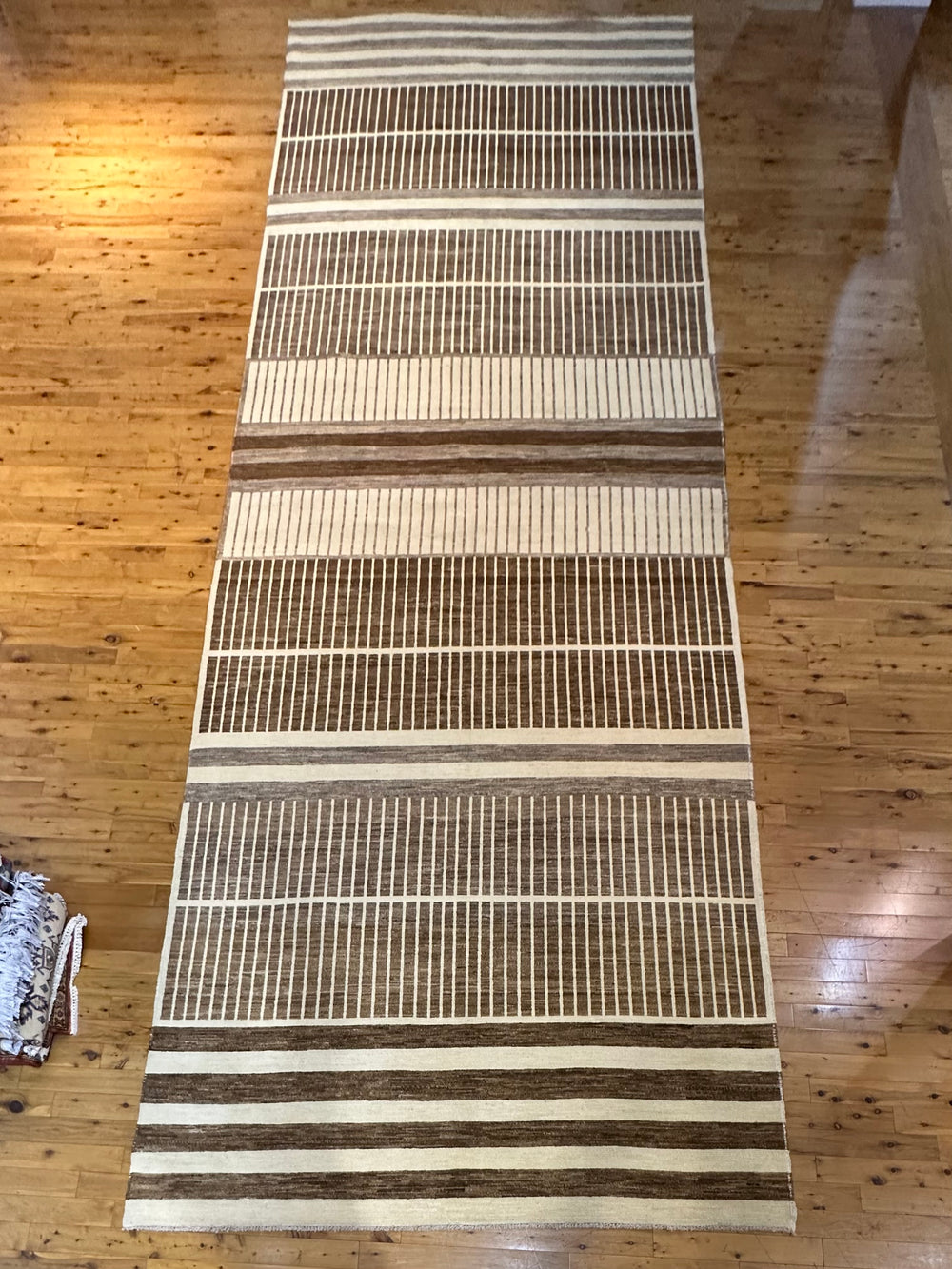 Hand-Knotted Wool Rug 8x22 in Brown and Ivory – Top View